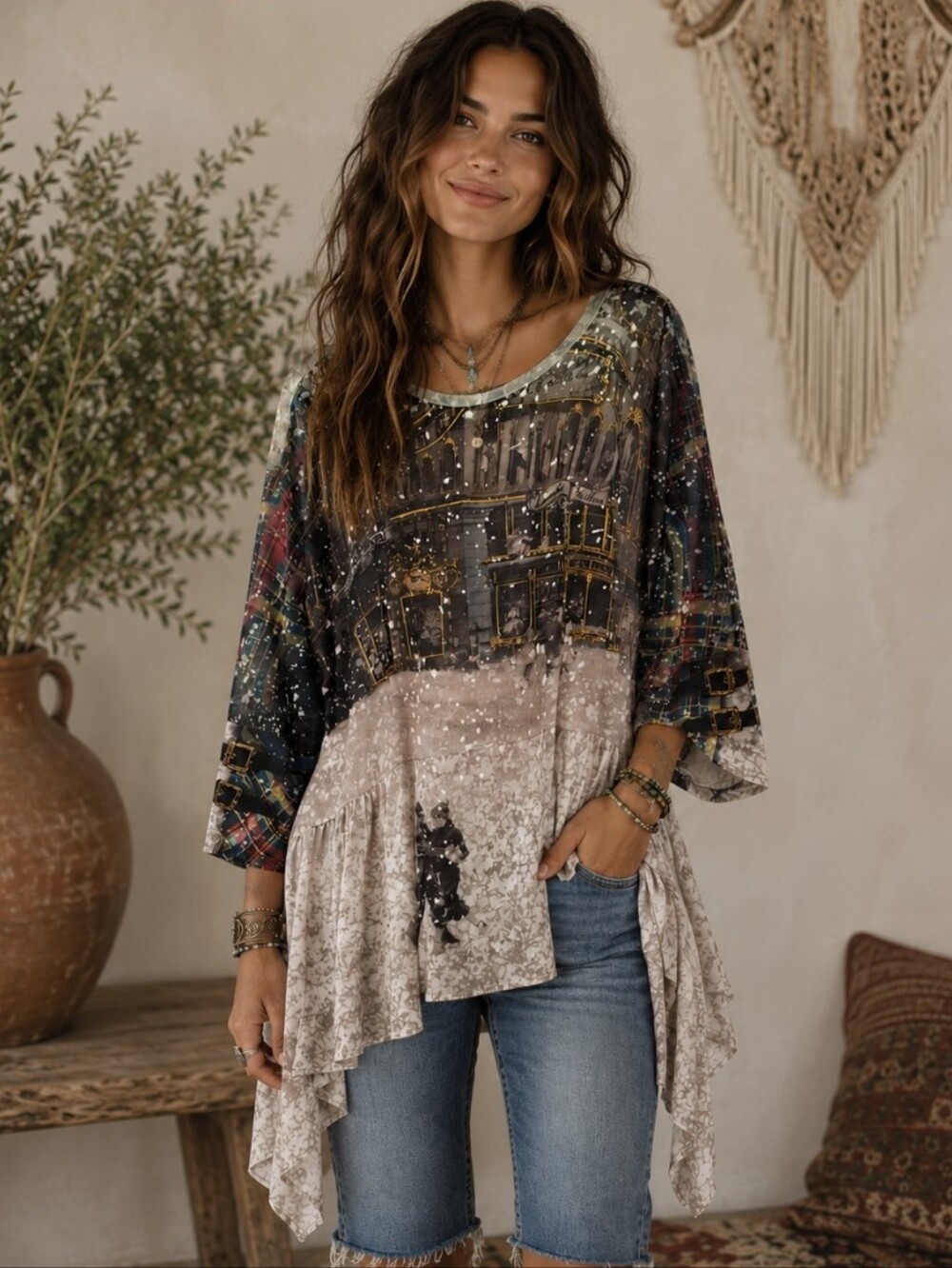 IPNG Design Mixed Print Tunic Chiffon Boho Art To Wear Asymmetrical Whimsy O/S